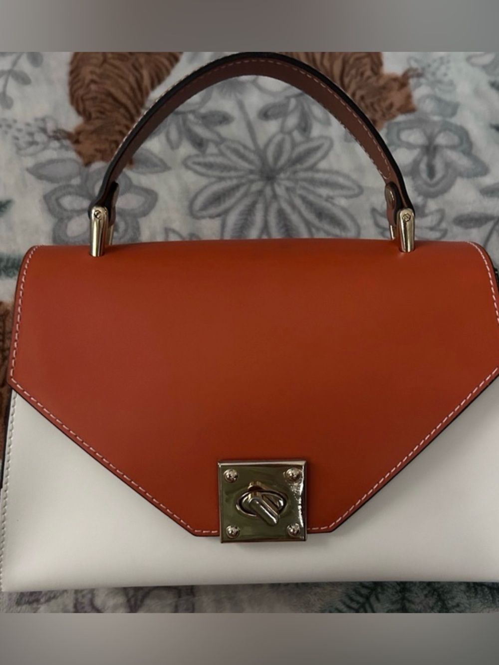 Two-Tone Top-Handle Satchel in Orange and White leather